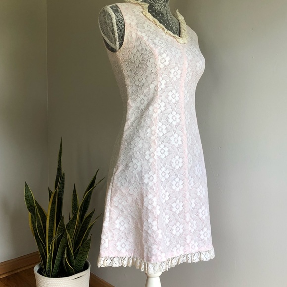 Vintage 60s pink white floral dress sleeveless blush mini ivory ruffle lace smal - Picture 8 of 11